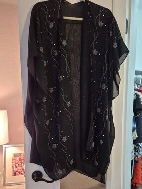 Black Beaded And Sequin Sheer Kimono Cardigan